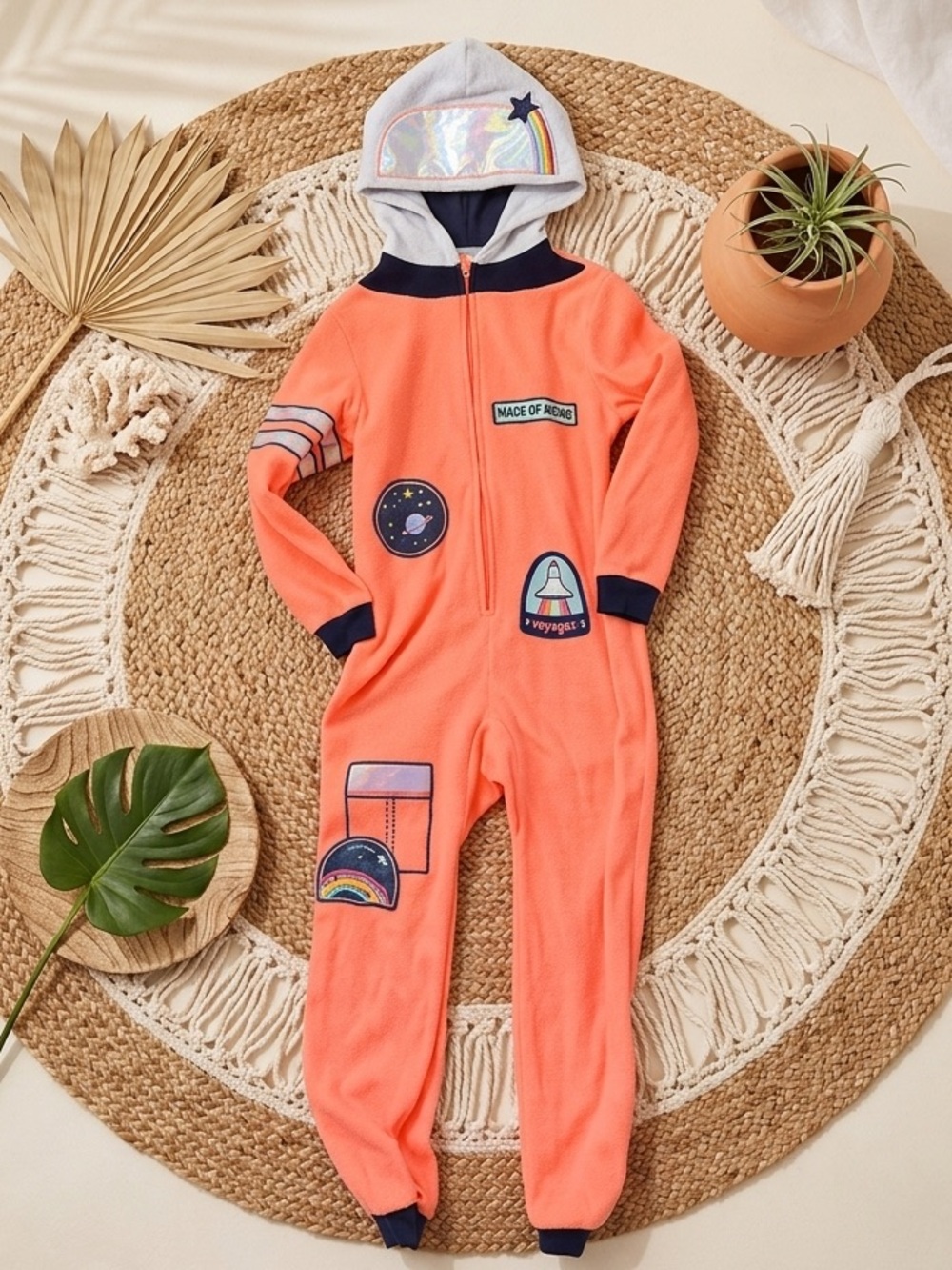 CAT & JACK Girls' Astronaut Space Fleece Onesie Pajamas - Peach Orange - Size 14